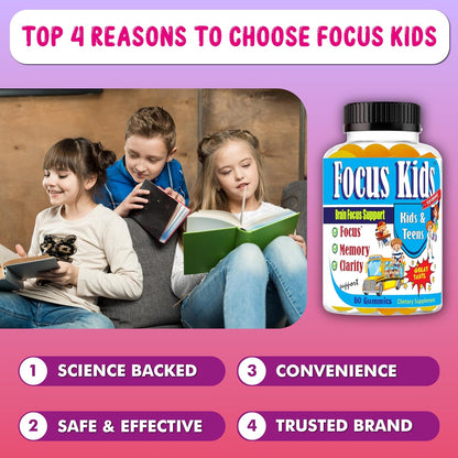 Focus Kids Gummies - Attention, Memory & Concentration Food Supplement with DHA & Omega-3-6-9 (60 Gummies)