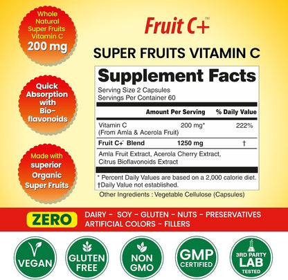 Organic Veda Super Fruits Vitamin C Food Supplement - Amla Fruit & Acerola Vitamin C Capsules with Bioflavonoids for Daily Immune System Support - Organic Whole Food Fruit C+ Antioxidant Complex, 120 Vegan Capsules