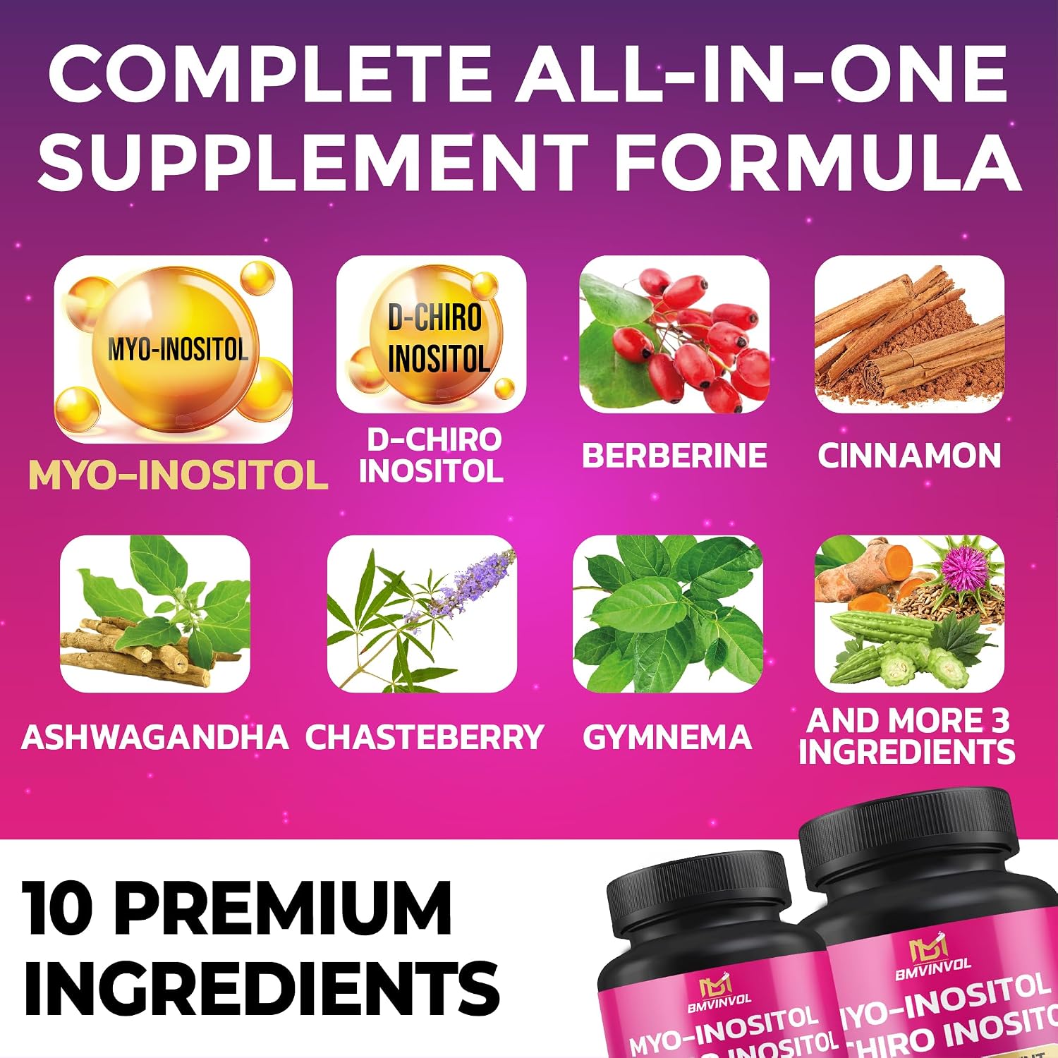 BMVINVOL Inositol Supplement 2 Pack – Myo-Inositol and D-Chiro Inositol 40:1 Ratio with Berberine, Ashwagandha & More – 60 Day Supply - görsel 3