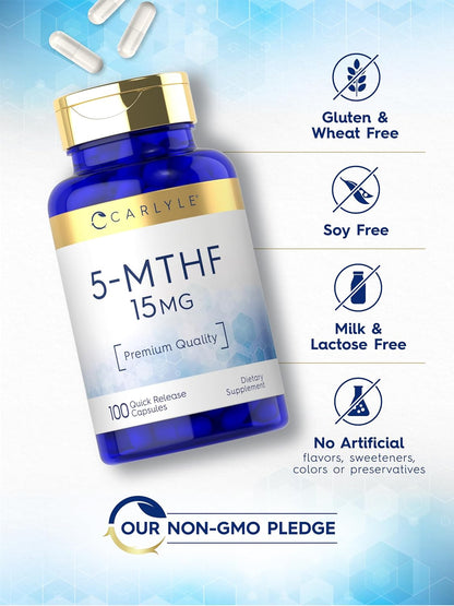 Carlyle 5-MTHF Supplement 15mg | 100 Capsules | L-Methylfolate | Non-GMO, Gluten-free | Premium Quality