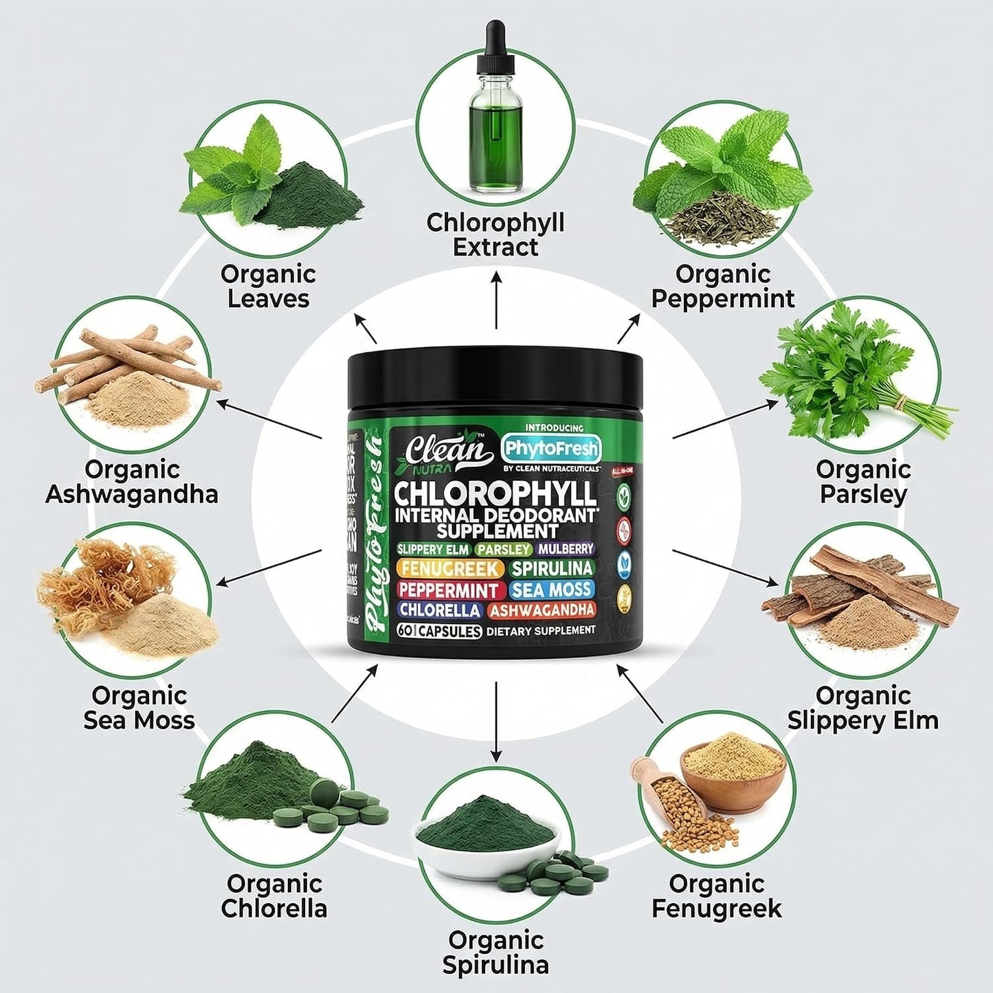 Clean Nutra Chlorophyll Capsules Supplement Internal Deodorant Peppermint, Sea Moss, Parsley, Chlorella, Spirulina, Slippery Elm, Ashwagandha, PhytoFresh Greens Detox Pills - görsel 4