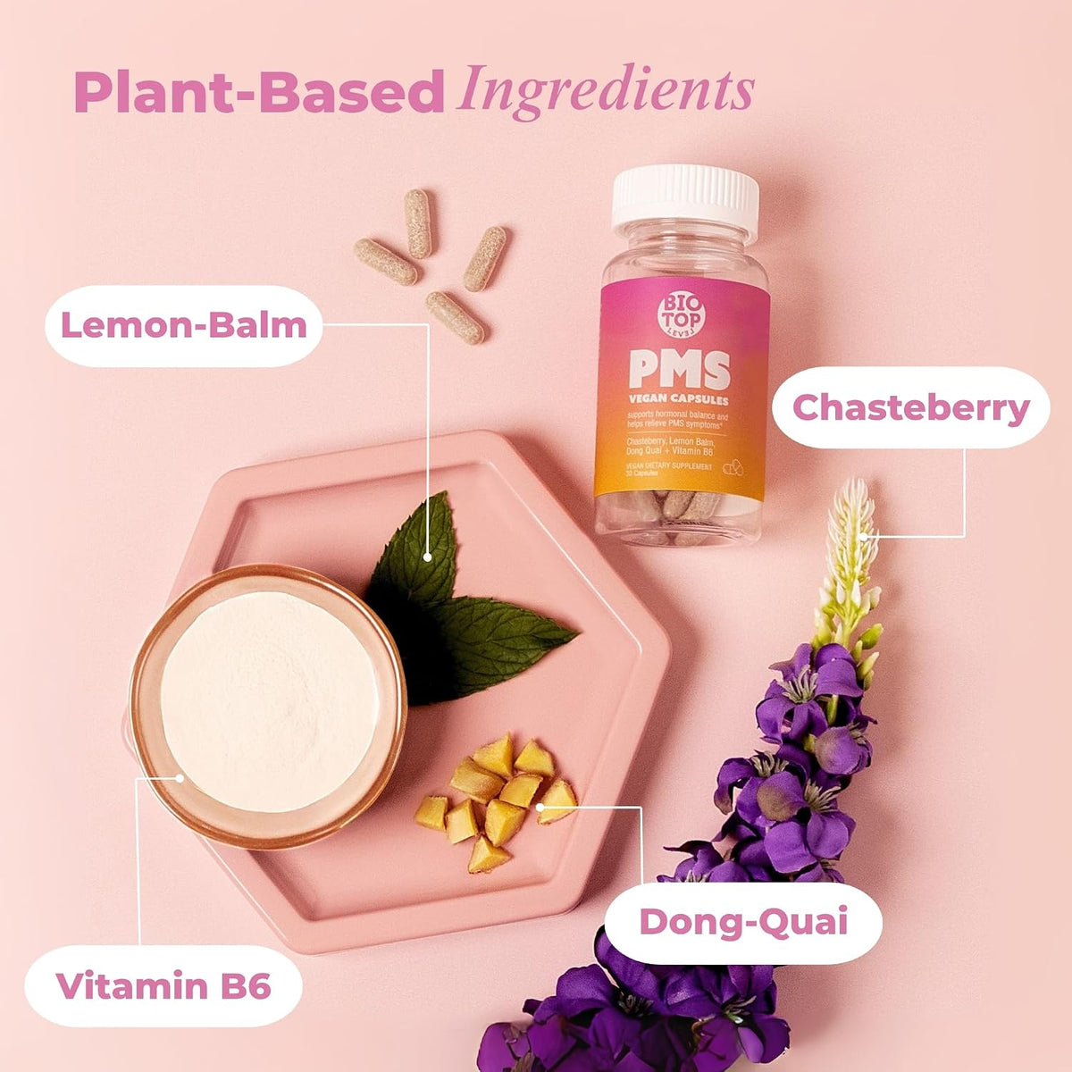 BIOTOPLEVEL PMS Support Supplement – Hormone Balance and Menstrual Relief with Chasteberry, Vitamin B6, Lemon Balm, Dong Quai (30 Vegan Capsules) - görsel 7