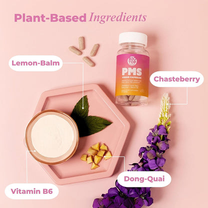 BIOTOPLEVEL PMS Support Supplement – Hormone Balance and Menstrual Relief with Chasteberry, Vitamin B6, Lemon Balm, Dong Quai (30 Vegan Capsules)