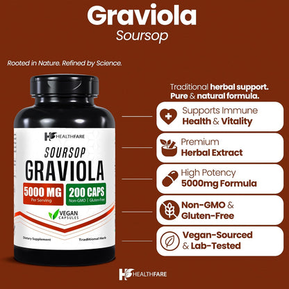 Healthfare Graviola Soursop Extract 5000mg | Annona Muricata | 200 Vegan Capsules | High Potency Leaf & Fruit Blend | Non-GM | Gluten-Free