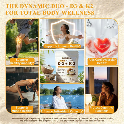 LETSCOL 2-in-1 Vitamin D3 K2 Supplement, 10000 IU D3 & 200 mcg K2 (MK-7) Soft gel capsules