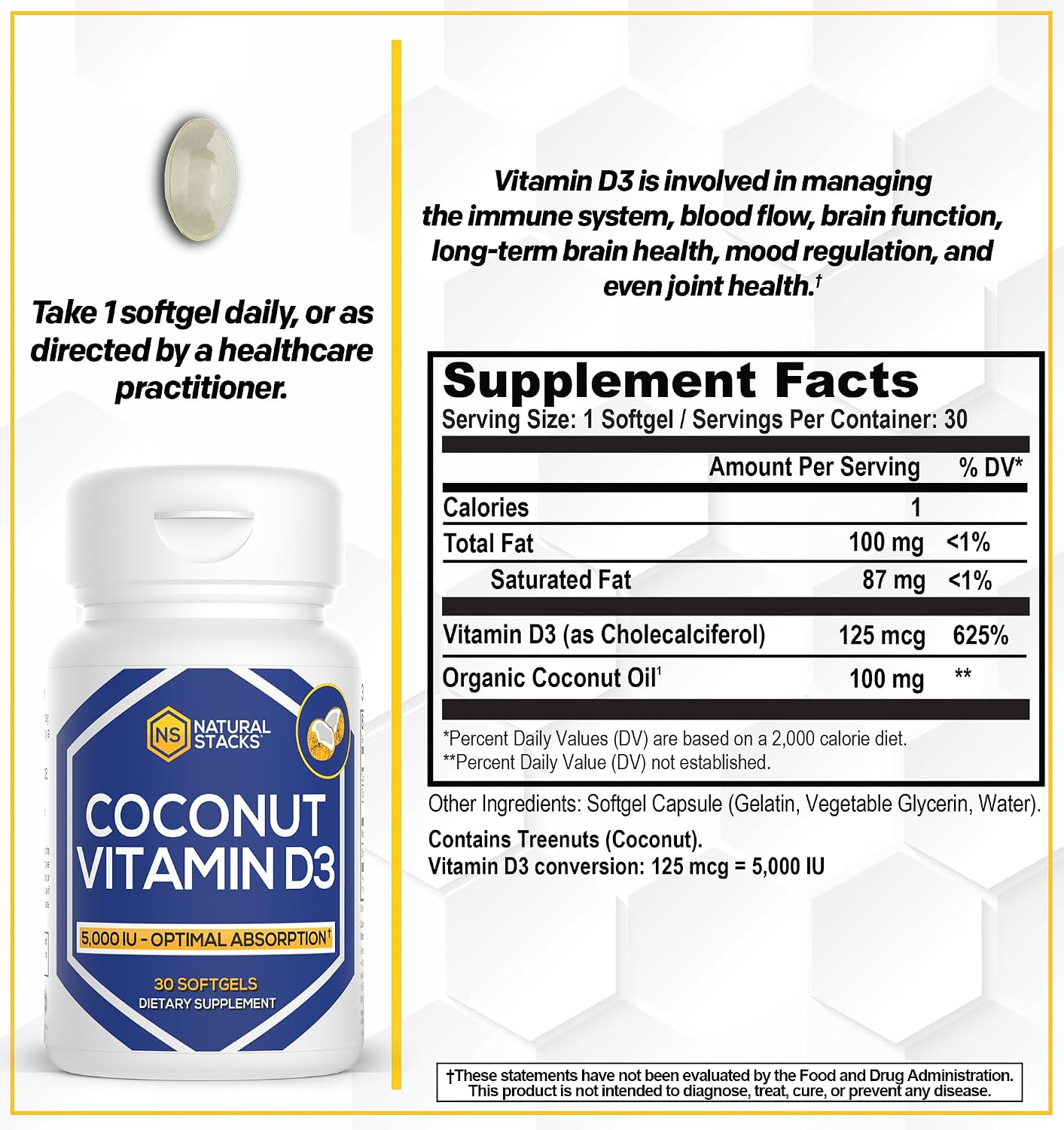 Natural Stacks Vitamin D3 5,000 IU Supplement with Coconut Oil - görsel 2