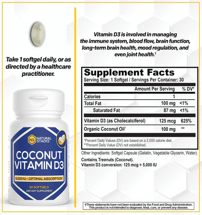 Natural Stacks Vitamin D3 5,000 IU Supplement with Coconut Oil