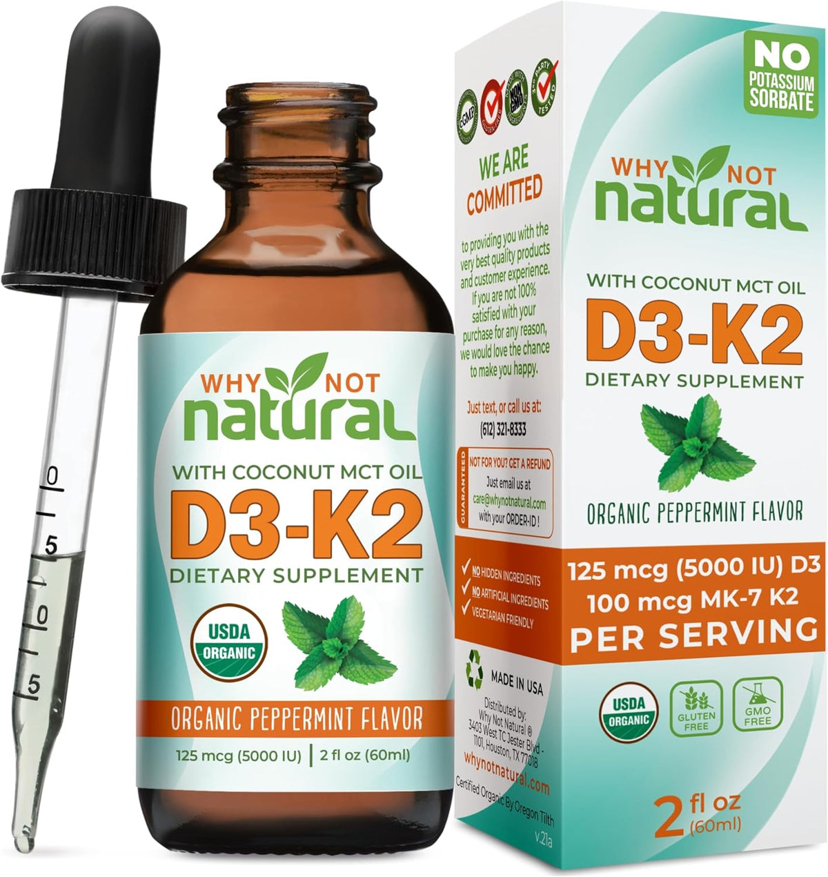 Why Not Natural Organic Vitamin D3 K2 (MK-7) Liquid Drops, 5000 IU D3 with Coconut MCT Oil, for Bones, Teeth and Immune Support - görsel 1