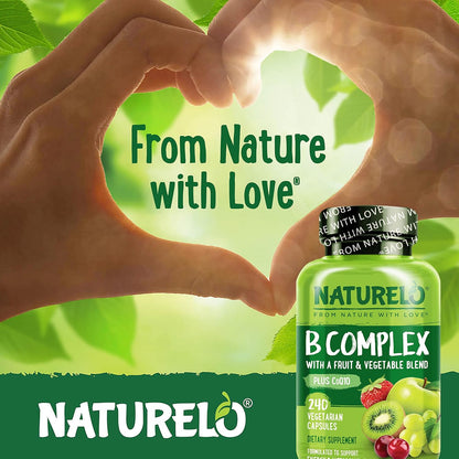 NATURELO Vitamin B Complex - Methylated with CoQ10, Folate & Biotin - Vegan, 240 Capsules