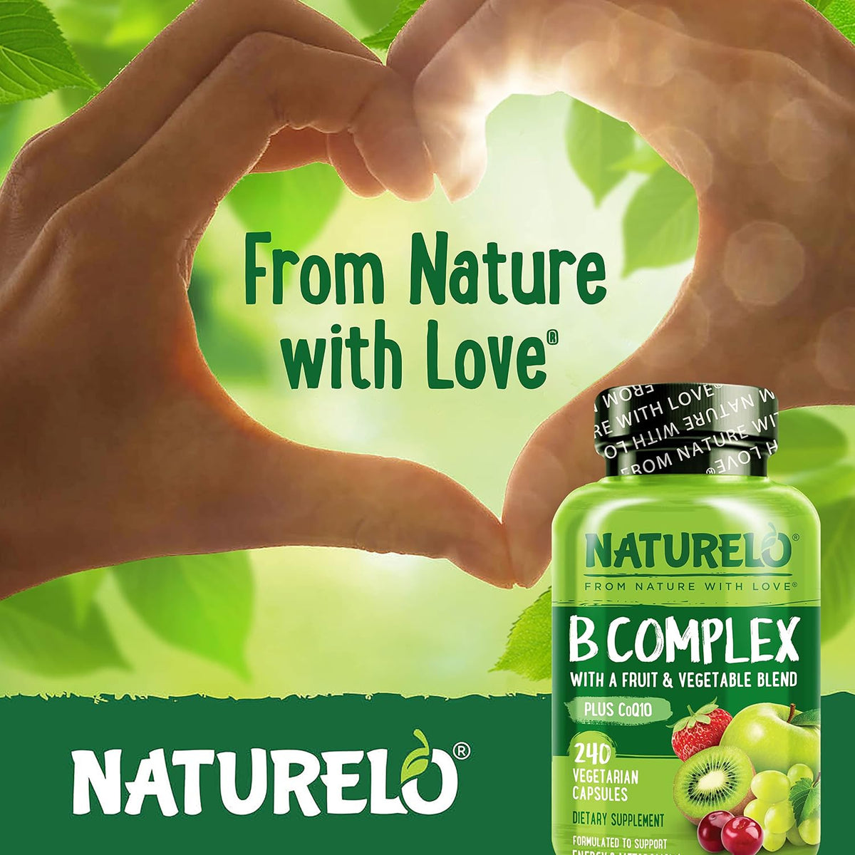 NATURELO Vitamin B Complex, 240 Capsules - Vegan, CoQ10, Methyl Folate, Biotin, Fruit & Veg Blend - for Energy and Stress Support - görsel 7
