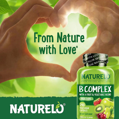 NATURELO Vitamin B Complex, 240 Capsules - Vegan, CoQ10, Methyl Folate, Biotin, Fruit & Veg Blend - for Energy and Stress Support