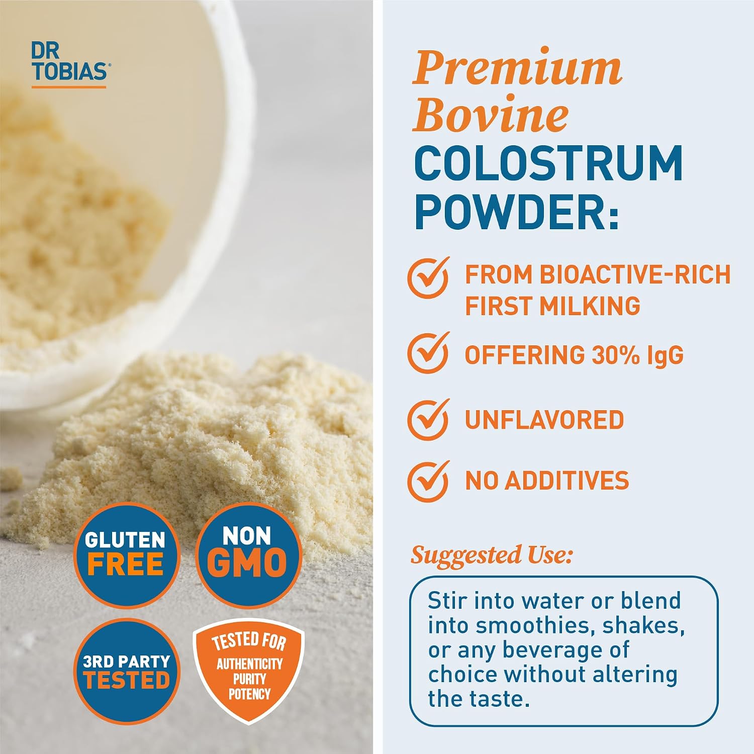 Dr. Tobias Colostrum Powder - Premium Bovine Colostrum Food Supplement for Immune Support, Gut Health & Muscle Recovery | 3g Per Serving Minimum 30% IgG Unflavoured (227 g, 76 Servings) - görsel 4