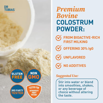 Dr. Tobias Colostrum Powder - Premium Bovine Colostrum Food Supplement for Immune Support, Gut Health & Muscle Recovery | 3g Per Serving Minimum 30% IgG Unflavoured (227 g, 76 Servings)