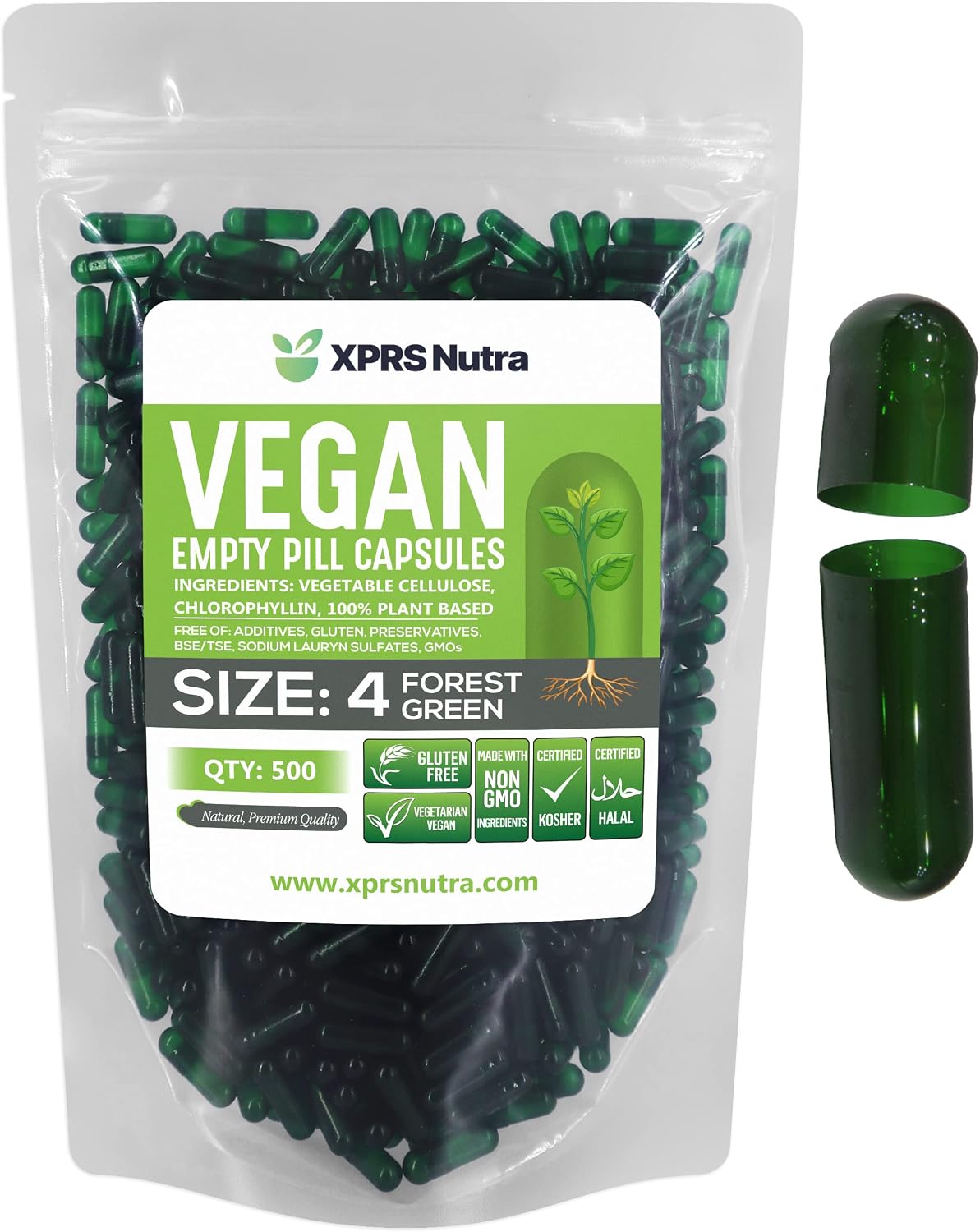 XPRS Nutra Size 4 Empty Vegan Capsules - 500 Count - Forest Green - görsel 1