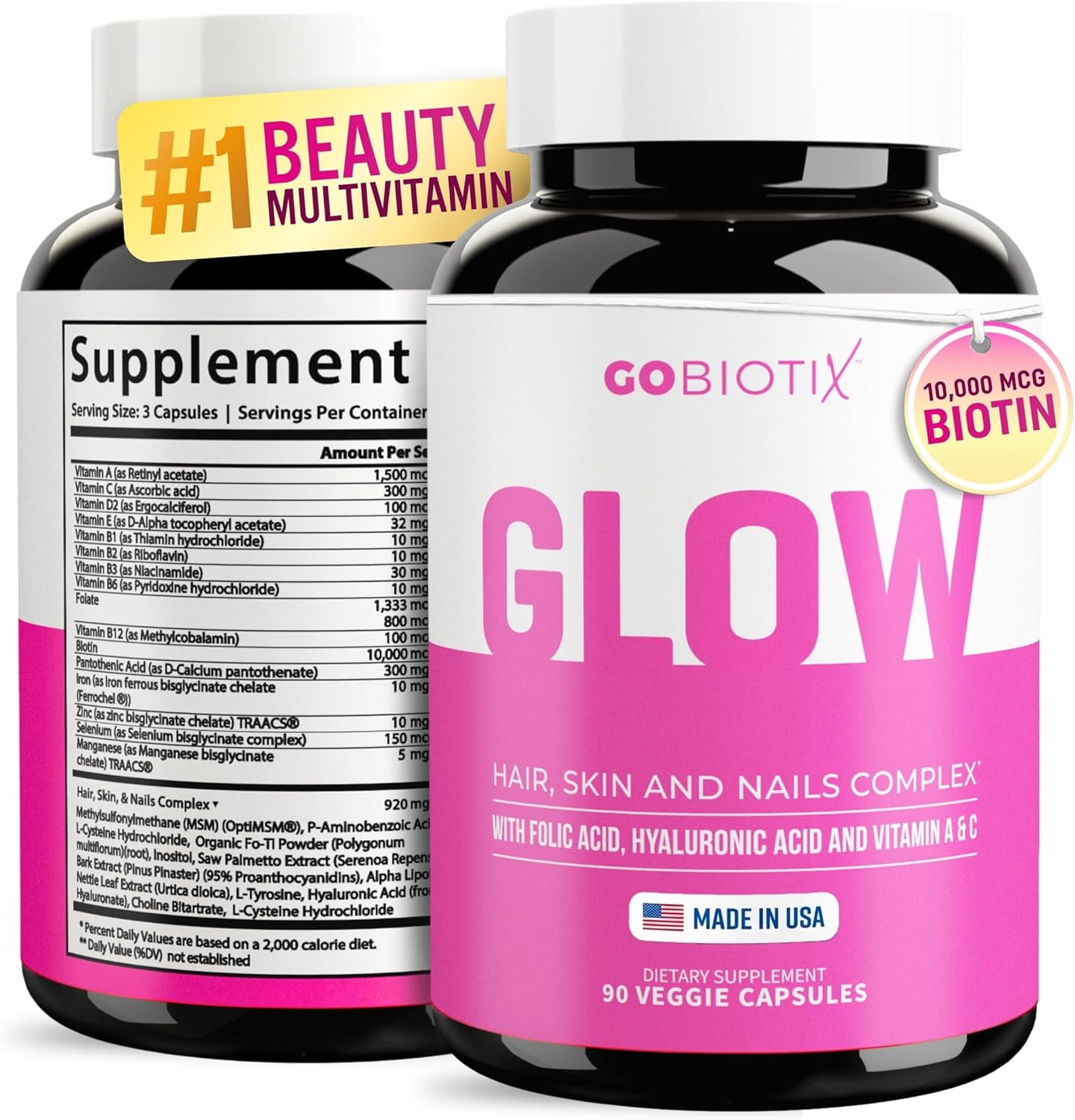 GOBIOTIX Hair, Skin & Nails Vitamins – 10,000mcg Biotin with Hyaluronic Acid & MSM – 90 Capsules - görsel 1