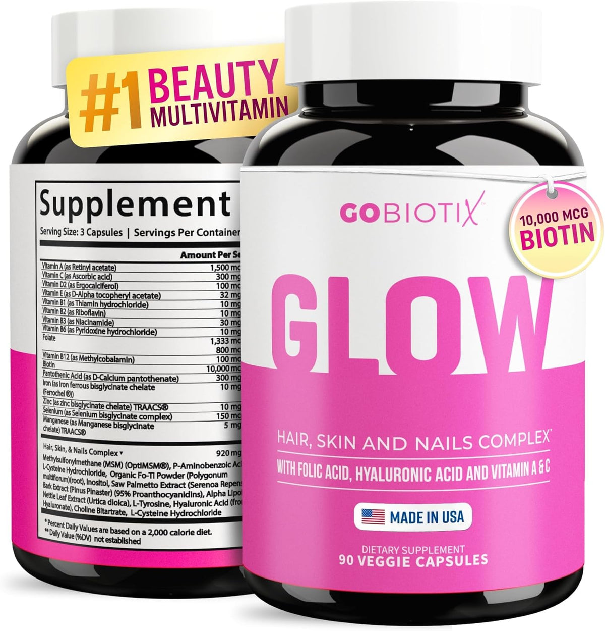 GOBIOTIX Hair, Skin & Nails Vitamins – 10,000mcg Biotin with Hyaluronic Acid & MSM – 90 Capsules - görsel 1