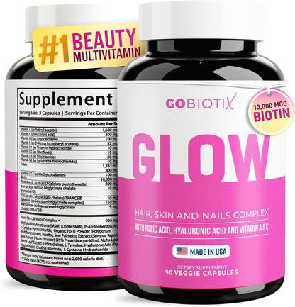 GOBIOTIX Hair, Skin & Nails Vitamins – 10,000mcg Biotin with Hyaluronic Acid & MSM – 90 Capsules