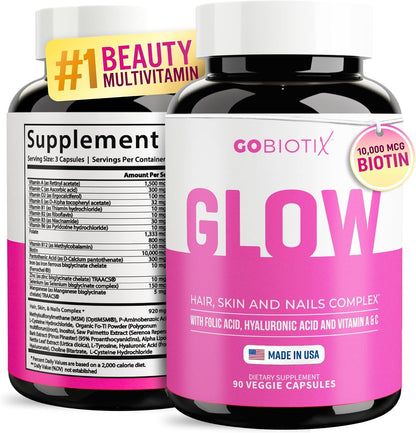 GOBIOTIX Hair, Skin & Nails Vitamins for Women — 10,000mcg Biotin, Hyaluronic Acid & MSM — 28 Vitamins with Folate & Iron — Twin Pack, 180 Capsules