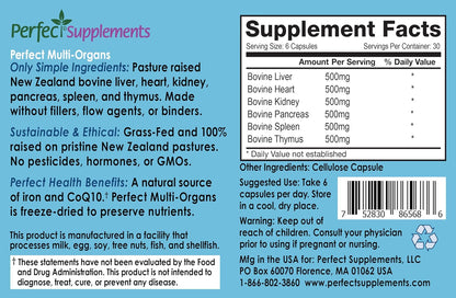 Perfect Supplements Perfect Multi-Organs - 6 Glandular Blend, Freeze-Dried, Hormone-Free, New Zealand Pasture-Reared