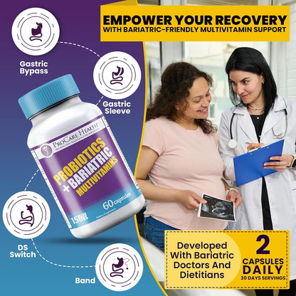 ProCare Health Probiotic Bariatric Multivitamin with Iron 45mg - 15 Billion CFU Probiotic, Fast-Dissolving Vegetable Capsules