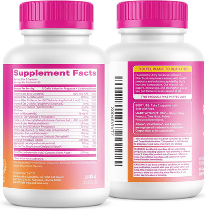 Pink Stork Total Prenatal Vitamins - 60 Capsules, Mint - Vegan DHA, Methylfolate, Iron, Choline