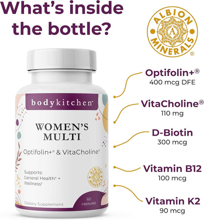 Body Kitchen Women’s Multivitamin with Optifolin+ & VitaCholine – for Immune, Energy & Skin Health – 60 Capsules