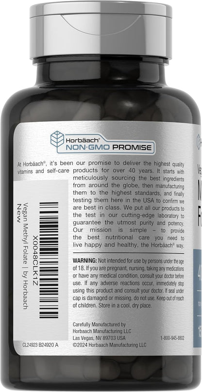 Horbäach Methyl Folate 400 μg | 150 Vegan Capsules | Non-GMO, Gluten-free | Food Supplement