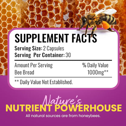 HONEYBEEZONE Bee Bread Capsules – Nutrient-Rich Superfood for Energy Boost, Immune Support Supplement | Non-GM, Gluten-Free, 60 Veggie Capsules