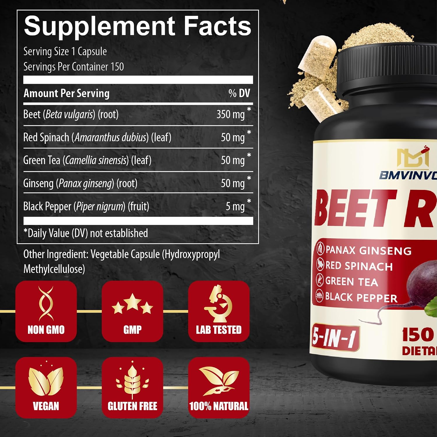 BMVINVOL Beetroot, Green Tea, Red Spinach, Ginseng, Black Pepper - 150 Capsules - görsel 2