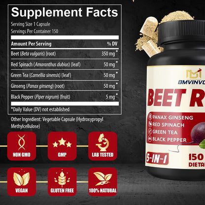 BMVINVOL Beetroot, Green Tea, Red Spinach, Ginseng, Black Pepper - 150 Capsules