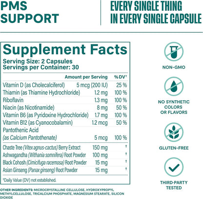 Habit PMS Support Supplement for Women (60 Capsules) – With B Vitamins, Vitamin D, Chasteberry, Ashwagandha, Black Cohosh for Nutritional Support During the Menstrual Cycle. Gluten-free, Non-GMO