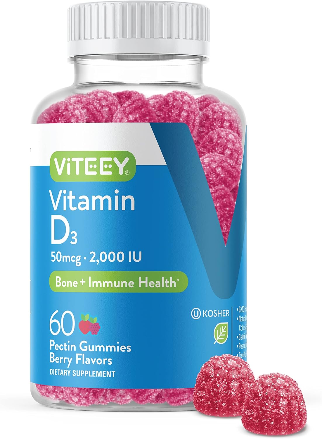 Viteey Vitamin D3 Gummies for Adults & Teens - 2,000 IU, 50mcg - Regular Strength - Chewable Vitamin D Gummies - Vegetarian, Gelatine Free - 120 Count - görsel 7