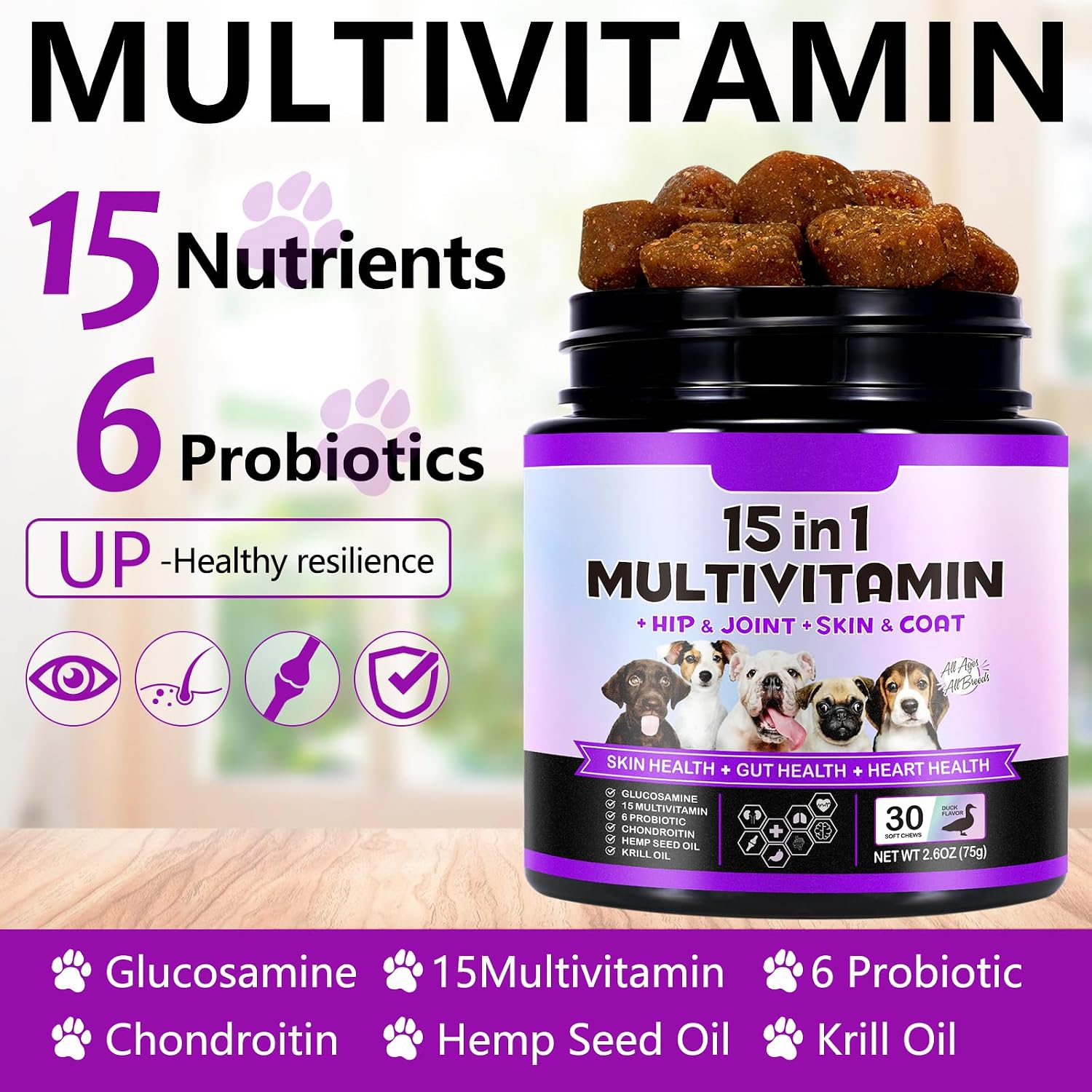 Dog Multivitamin Chewable, Dog Daily Vitamins and Supplements, 15-in-1 Complete Daily Supplement with Glucosamine & Probiotics – Duck Flavour, 150 Chews - görsel 5