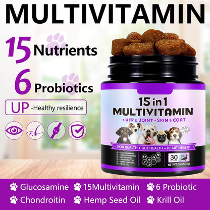 Dog Multivitamin Chewable, Dog Daily Vitamins and Supplements, 15-in-1 Complete Daily Supplement with Glucosamine & Probiotics – Duck Flavour, 150 Chews