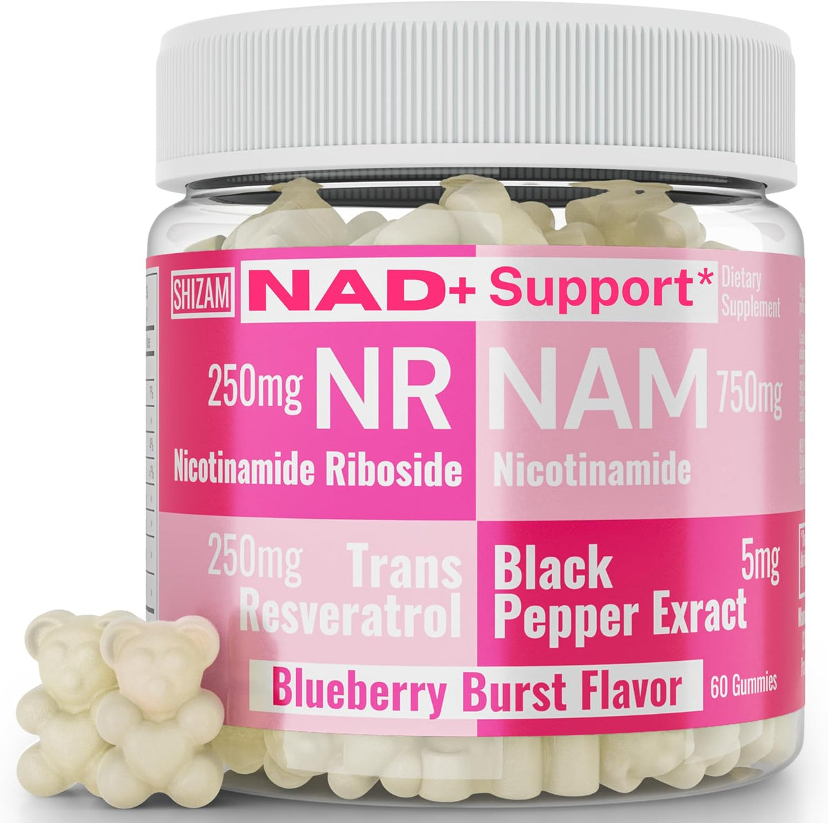 SHIZAM Nicotinamide Riboside NR NAM Resveratrol Gummies - 1000mg NAD+ Boosting Formula (60 Count) - görsel 1