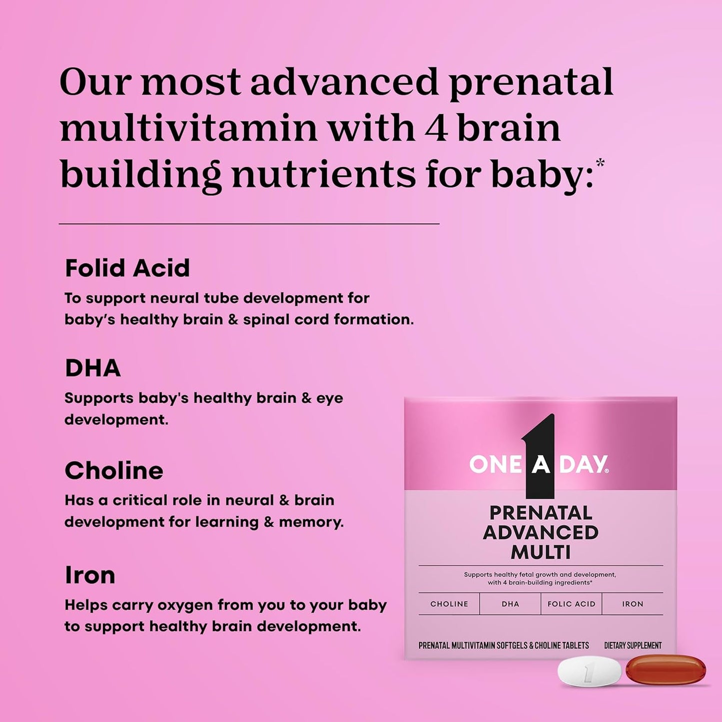 One A Day Prenatal Advanced – Prenatal Vitamins with Folic Acid, Choline, DHA & Iron, 30+30 Count (60 Total) - görsel 2