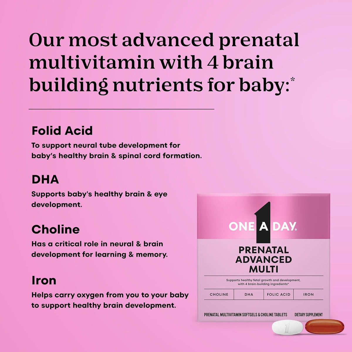 One A Day Prenatal Advanced – Prenatal Vitamins with Folic Acid, Choline, DHA & Iron, 30+30 Count (60 Total) - görsel 2
