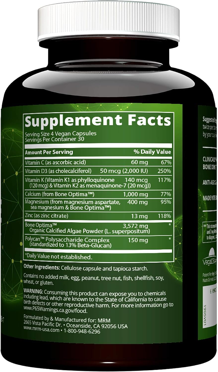 MRM Nutrition Vegan Bone Maximiser - Calcium & Mineral Complex with Organic Calcified Algae, Vitamin D3, K1 & K2, Magnesium, & Zinc - 30 Servings - görsel 3