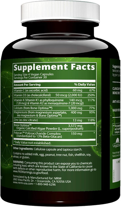 MRM Nutrition Vegan Bone Maximiser - Calcium & Mineral Complex with Organic Calcified Algae, Vitamin D3, K1 & K2, Magnesium, & Zinc - 30 Servings