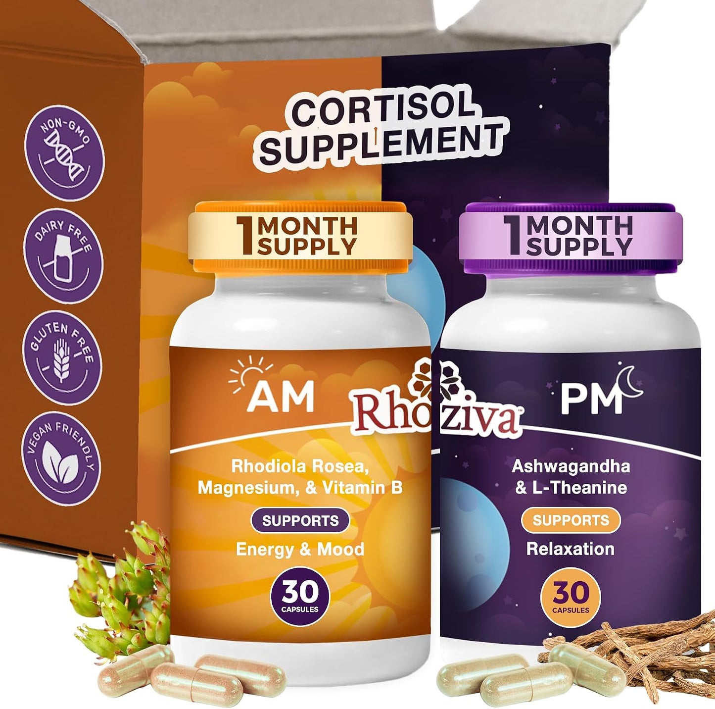 Rhoziva AM PM Multivitamin – Cortisol Support with L-Theanine, Ashwagandha, Rhodiola Rosea – Day and Night Nootropic Supplement - görsel 1