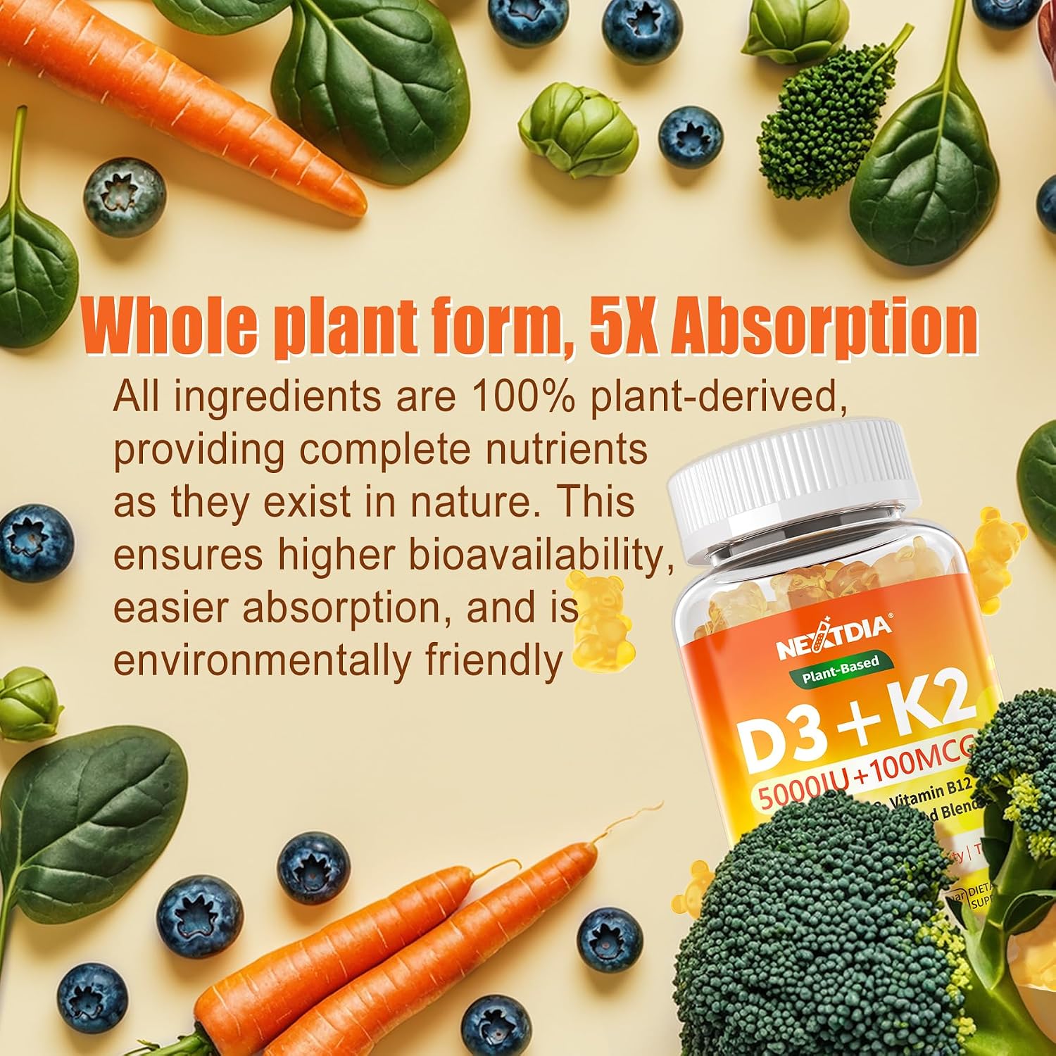 Nextdia Vitamin D3 K2 Gummies - 5000 IU D3, 100 mcg K2 MK-7, Omega-3, Vitamin C, Zinc - Plant-Based, Sugar-Free - Bone and Immune Support - görsel 3