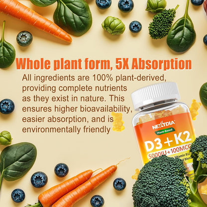 Nextdia Vitamin D3 K2 Gummies - 5000 IU D3, 100 mcg K2 MK-7, Omega-3, Vitamin C, Zinc - Plant-Based, Sugar-Free - Bone and Immune Support