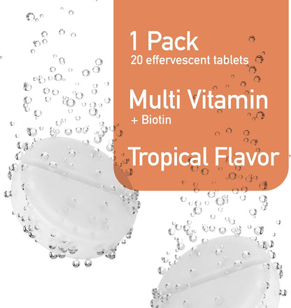 Swiss Imports Effervescent Multivitamins + Biotin – Food Supplement with Vitamins C, E, B1, B2, B6, B12, A, D3, 20 Tablets