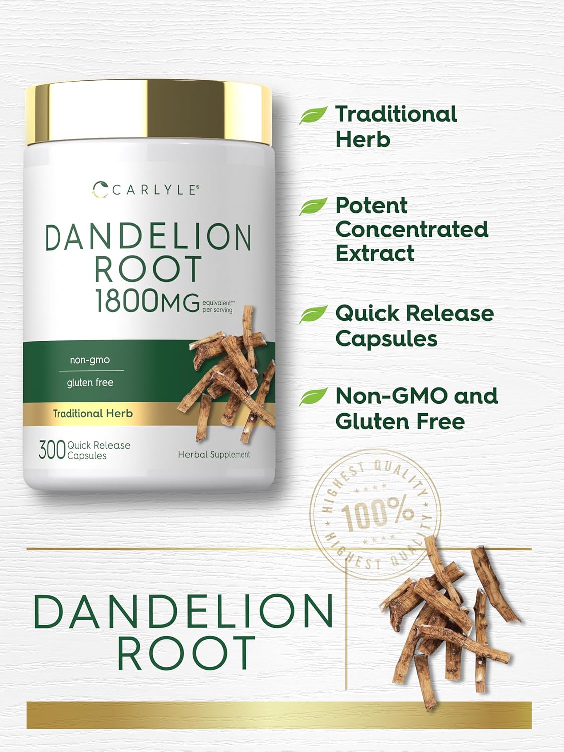 Carlyle Dandelion Root Extract | 300 Capsules | Herbal Supplement | Taraxacum Officinale | Non-GMO and Gluten-free - görsel 4
