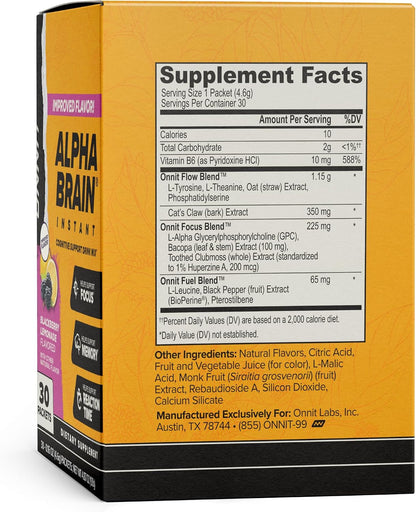 ONNIT Alpha Brain Instant Nootropic Drink Mix, BlackBerry Lemonade, 30 Sachets