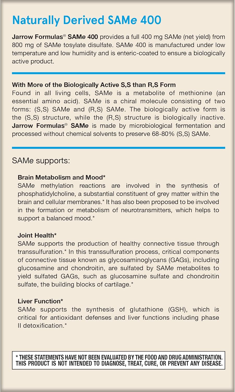 Jarrow Formulae SAMe Supplement 400 mg - 60 Tablets - High Concentration of Active S,S Form - görsel 10