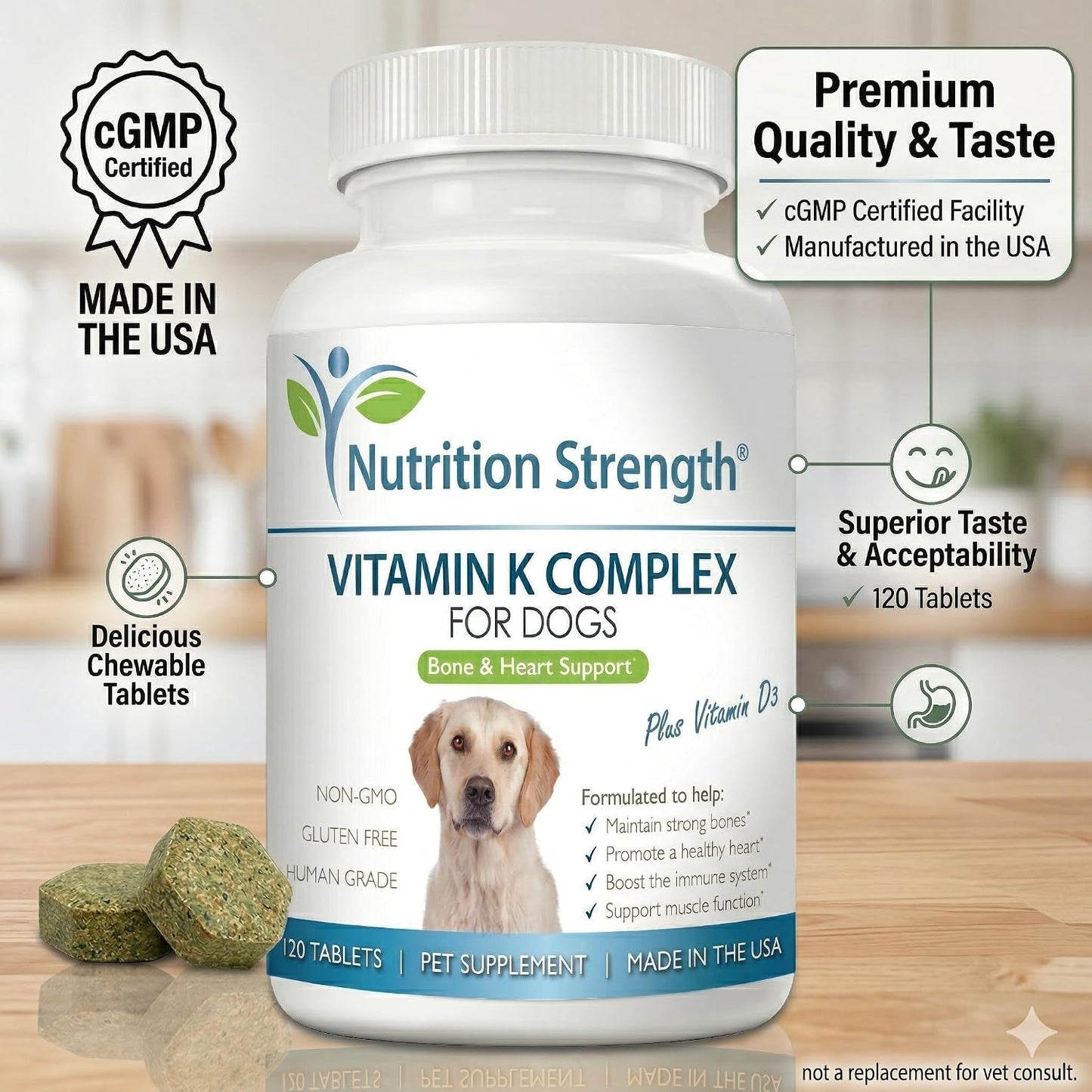 Nutrition Strength Vitamin K for Dogs with K1, K2 (MK4 & MK7) and D3 - 120 Chewable Tablets - görsel 8