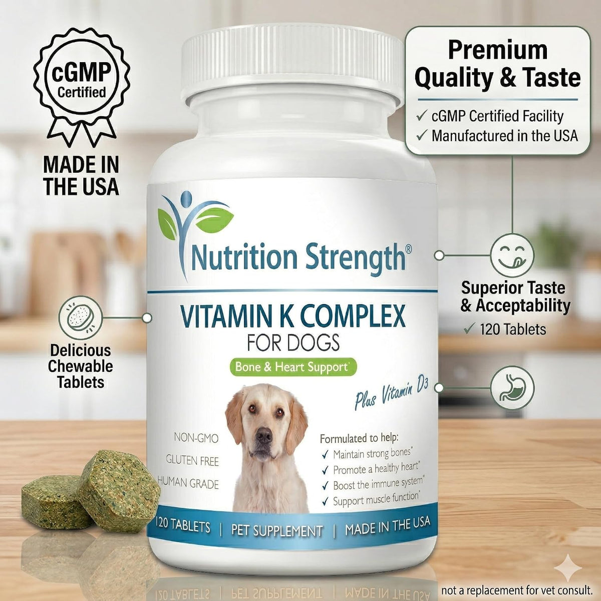 Nutrition Strength Vitamin K for Dogs with K1, K2 (MK4 & MK7) and D3 - 120 Chewable Tablets - görsel 8