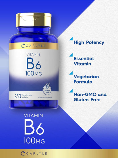 Carlyle Vitamin B6 100mg | 250 Tablets | Pyridoxine Hydrochloride Supplement | Vegetarian, Non-GMO, Gluten-free