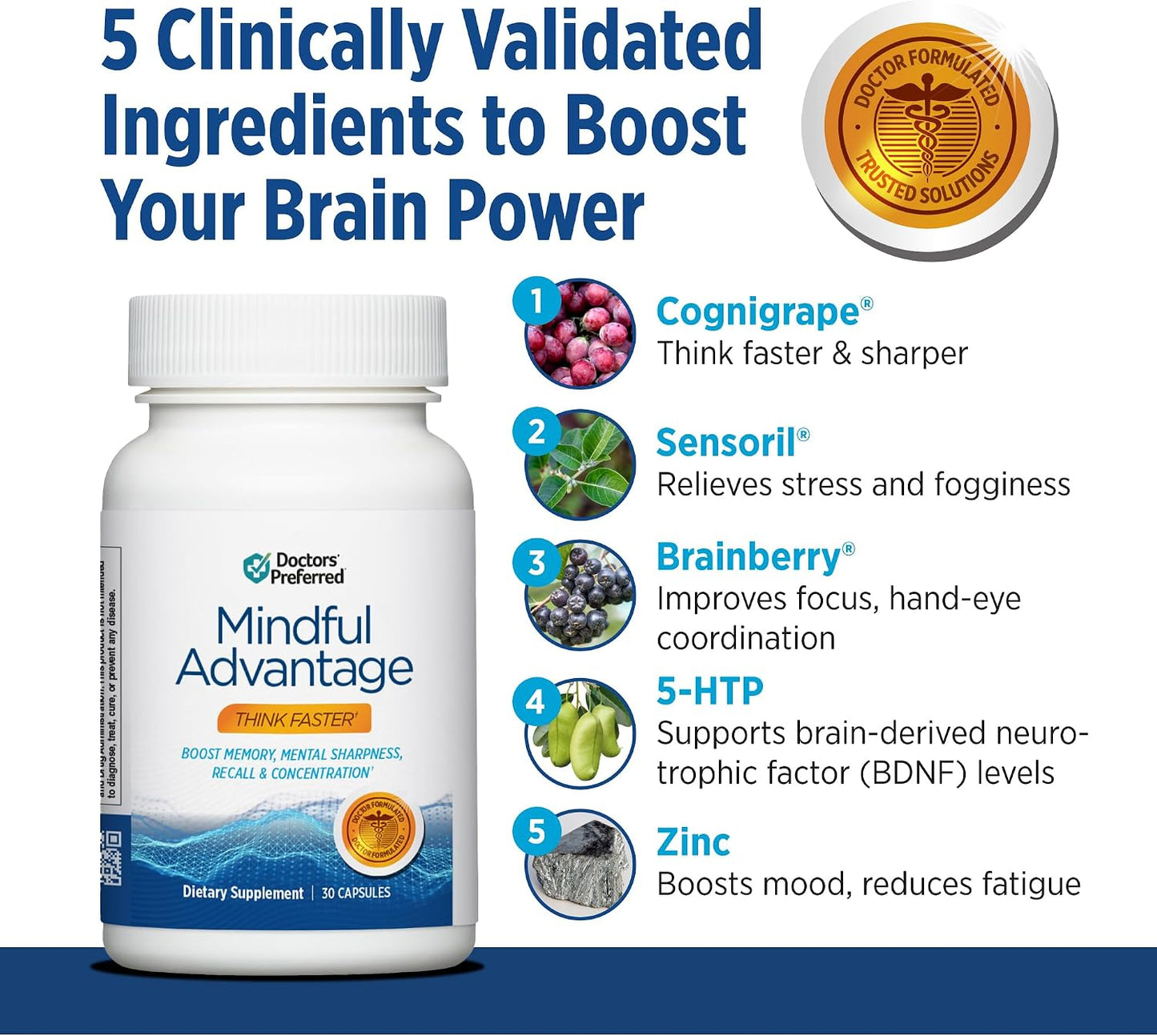 DOCTORS' PREFERRED Mindful Advantage Brain Supplements for Memory and Focus – Boost Memory, Mental Sharpness, Recall & Concentration – 30 Capsules - görsel 3